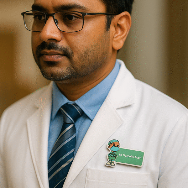 Cute surgeon cartoon doctor name badge in green scrubs with custom name text on mint green background