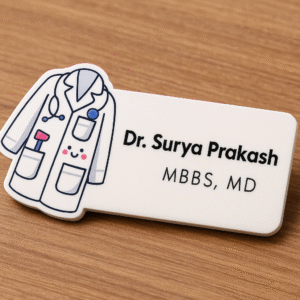 Doctor name badge featuring a smiling white lab coat illustration with stethoscope and tools, personalized with doctor name and degree