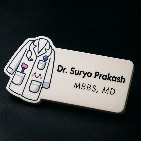 Doctor name badge featuring a smiling white lab coat illustration with stethoscope and tools, personalized with doctor name and degree