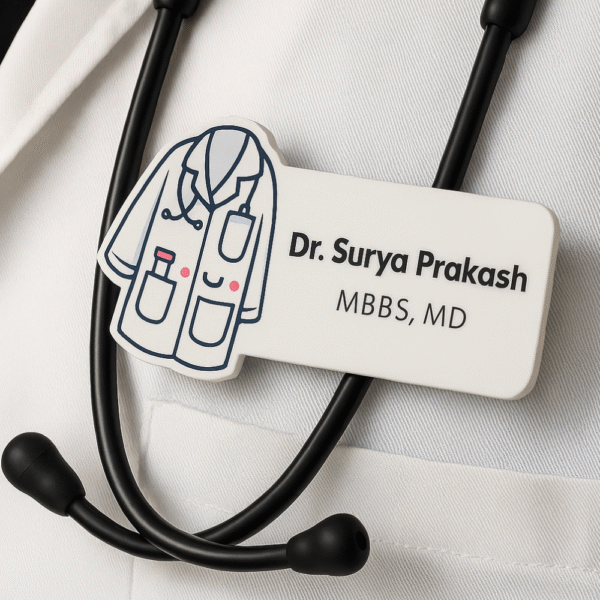 Doctor name badge featuring a smiling white lab coat illustration with stethoscope and tools, personalized with doctor name and degree