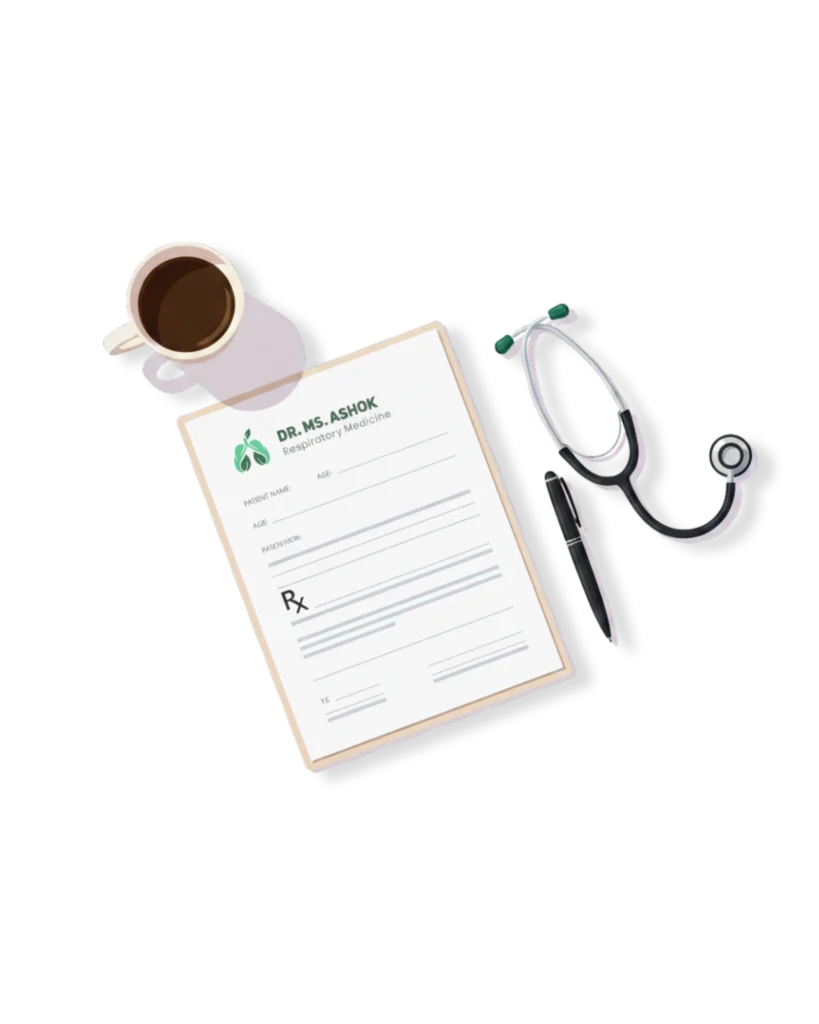 Doctor prescription pad on a white desk with stethoscope and pen — personalized pad with doctor details printed on premium paper.