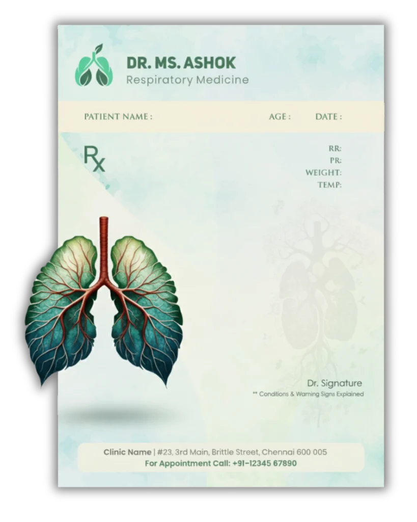 Doctor prescription pad for respiratory medicine with lungs illustration and clinic details printed on premium paper.