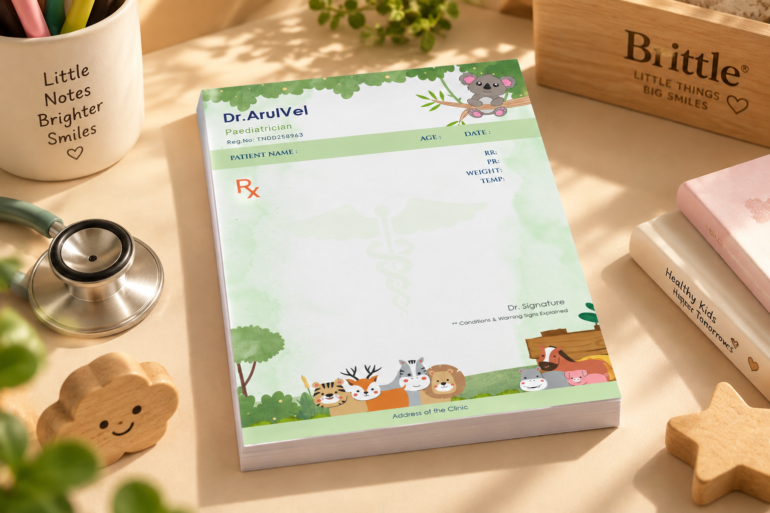 A personalized prescription pad with a doctor's name